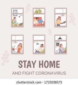 Stay home and fight Coronavirus poster template. People working, cooking in apartments during global pandemic of Coronavirus Covid-19 vector flat illustration. Quarantine, freelance concept.