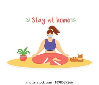 Stay at home flat color vector faceless character. Quarantine selfcare. Woman meditating with medical mask. Self isolation isolated cartoon illustration for web graphic design and animation