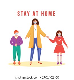 Stay at home flat color vector faceless character. Mother with children in medical masks. Family health protection. Self isolation isolated cartoon illustration for web graphic design and animation