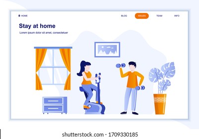 Stay at home flat landing page. Coronavirus protection public health practice. Young couple doing sports together at home. Covid-19 pandemic risk vector illustration. Coronavirus prevention and safety