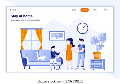 Stay at home flat landing page. Coronavirus protection public health practice. Young family in masks together at home. Covid-19 pandemic risk vector illustration. Coronavirus prevention and safety.