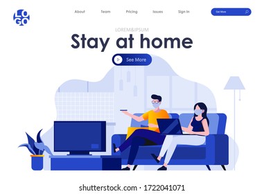 Stay at home flat landing page design. Young couple in medical masks watching TV at home scene with header. Coronavirus protection, hygiene and safety. Quarantine and self-isolation at home situation.