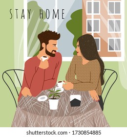 Stay at home. Flat vector concept illustration of a young couple, sitting at the table with coffee near the window at home.