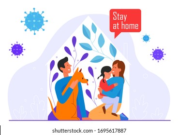 Stay At Home Flat Vector Illustration Concept. Father, Mother, Kid, Dog Sit In Safe Space At Home. Covid Coronavirus Virus Outside. Quarantine Or Self-isolation Family, Global Viral Epidemic Pandemia