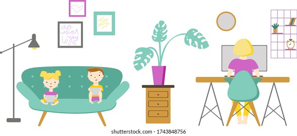 Bleiben Sie zu Hause flache Vektor-Illustration von Kindern studieren und Mutter zu Hause arbeiten