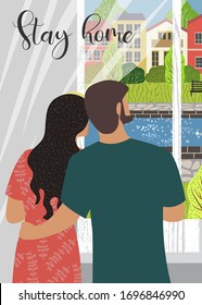Stay home. Flat vector vertical illustration of woman and man looking out the window. Outside the window is a deserted cityscape.