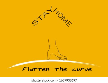 Stay Home - Flatten the curve text illustration. A hand pushing a curve down. Coronavirus, covid-19, prevention campaign. Editable text vector illustration.