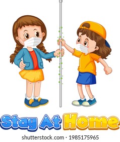 Stay At Home font in cartoon style with two kids do not keep social distancing isolated on white background illustration