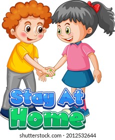 Stay At Home font in cartoon style with two kids do not keep social distance isolated on white background illustration