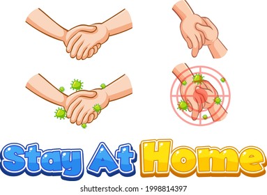 Stay At Home font design with virus spreads from shaking hands on white background illustration