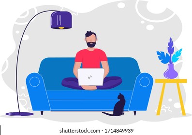 Stay home. Freelance and telework or studying concept. Man sitting on sofa and working on laptop at home in modern interior. Vector illustration in flat style. For web banner, poster, social media.
