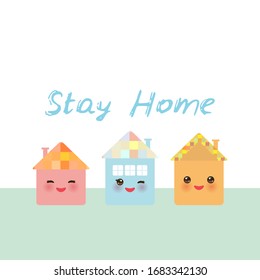 Stay home. Funny happy house collection, kawaii face, smile, pink cheeks, big eyes. pastel colors. Banner card template for your text, copy space, isolated on white background. Vector 