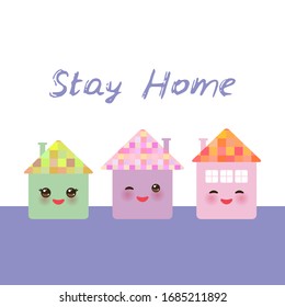 Stay home. Funny happy house collection, kawaii face, smile, pink cheeks, big eyes. pastel colors. Banner card template for your text, copy space, isolated on white background. Vector 