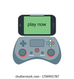 Stay Home. Gamepad with smartphone with inscription on screen Play now. Isolated on white background. Vector illustration