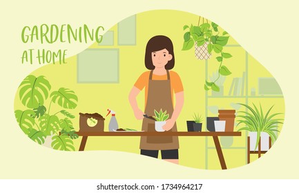 Quédese en casa y Jardinería en casa concepto de ilustración vectorial, plantación femenina en el jardín, hobby en casa 