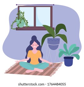 stay at home, girl in meditation yoga pose, self isolation, activities in quarantine for coronavirus vector illustration