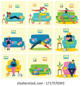 Stay at home. The girls staying at home and doing different activities for prevent virus Covid19 in the flat style