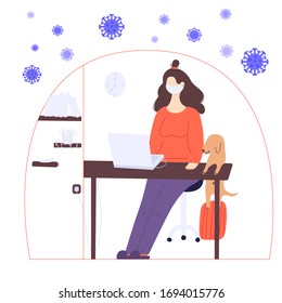 Stay home global concept. A woman is working at home on the laptop in a period of self isolation and social distancing during covid virus epidemic. The pet is very happy to spend time with owners