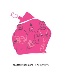 Stay at home with grandparents. Vector illustration in flat doodle style. Elderly couple at home. Keep calm and stay at home motivational poster.
