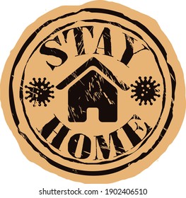 Stay at home grunge rubber round stamp on craft background. Textured seal stamp with STAY HOME text. Stay home slogan with house and coronavirus molecule cell. COVID-19 protection logo in old style.