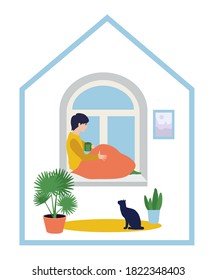 Stay home. The guy is sitting on the windowsill, drinking tea. Quarantine or self-isolation. Health care concept. Fears of getting coronavirus. Global viral epidemic or pandemic. Vector illustration