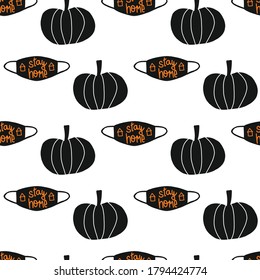 Stay Home Halloween Thanksgiving 2020 seamless vector background. Repeating Coronavirus pattern with pumpkins and face masks and stay home lettering. Covid-19 holiday design for costume, fabric.