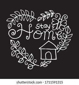 Stay home, hand drawn doodle illustration with lettering.