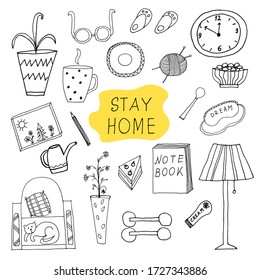 Stay home hand drawn doodle set vector. Quarantine doodle icons, home elements. Work at home. Isolated on white background.
