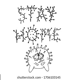  Stay Home. Hand drawn emotional characters of coronavirus cartoon. Isolated vector illustrations on the topic of coronavirus. Pandemic characters in Doodle style. Covid-19. Funny sign of the virus. 