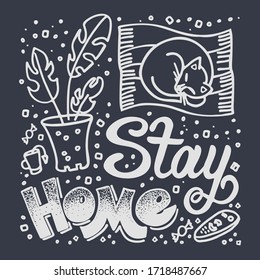 Stay at home hand lettering calligraphy. Illustration on a gray background with a plant, plaid, remote control, candy, magazine, mug, window, curtain and cat. 