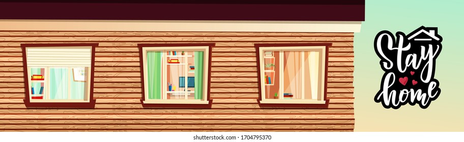 Stay home hand lettering typography poster for self quarantine times. House with window cartoon outside multistory apartment, Vector motivation illustration.