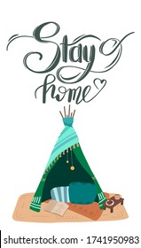 Stay home. Handwriting lettering. Selfisolation during a pandemic. Flat illustration of blanket house with text. Quarantine at home. Vector card with calligraphic quote for banners and your design.