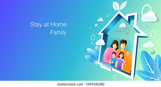 Stay at home with happy family, Vector 3D style illustration