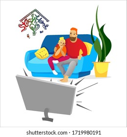 stay home, happy man and woman cuddling, sitting on the couch, watching tv, vector illustration, cartoon