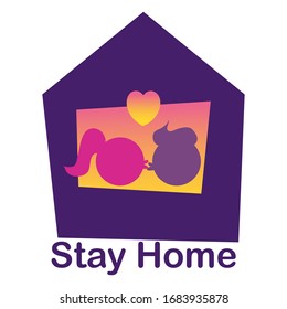 Stay home and have happy time together concept illustration. Two simple character silhouettes kisses in the window. Boy and girl with ponytail, man and woman in house. Flat vector isolated. Quarantine