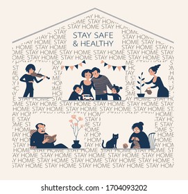 
Stay Home & Healthy concept. People and families in windows of stylized house. Self isolation times. Vector illustration, motivation poster.