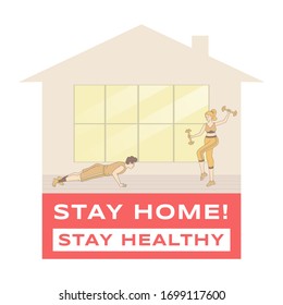 Stay home, stay healthy vector banner concept. Man and woman in self isolation doing fitness workout at home during outbreak of Coronavirus covid-19 vector cartoon outline illustration.