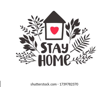 Stay home heart. Concept vector illustration of calm red heart isolated inside house, logo design decorative monochrome branches be protection on white background