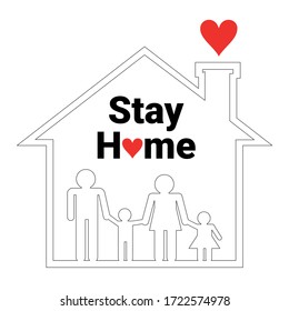 Bleiben Sie zu Hause helfen, die Ausbreitung von COVID-19 Coronavirus zu verhindern oder zu vermeiden. Familie mit zwei Kindern leben in einem Haus / machen Sie 14 Tage selbstQuarantäne nach dem Sammeln im Freien an öffentlichen Orten. Vektorgrafik