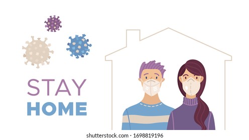 Stay at home to help stop the spread of coronavirus Covid-19. Social distancing and self-isolation. Man and woman wearing safety masks.
