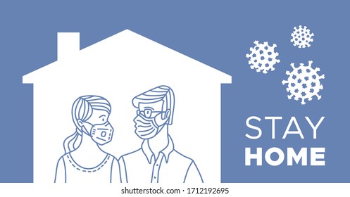 Stay at home to help stop the spread of coronavirus. Social distancing. Couple wearing safety masks and self-isolate at home. The most vulnerable group for COVID-19.