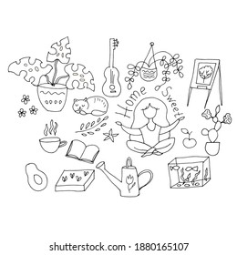 Stay at home. Household items. Home comfort. Vector linear illustration.