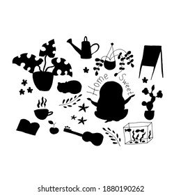 Stay at home. Household items. Home comfort. Black silhouette. Vector illustration.