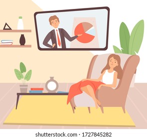 Stay at home. Housewife resting, cartoon woman in chair with blanket watch TV vector illustration