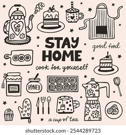 Stay home hygge graphic doodle collection. Hand drawn vector set of cozy food elements. A cup of tea, cupcake, hot drink, cake and lettering quotes.