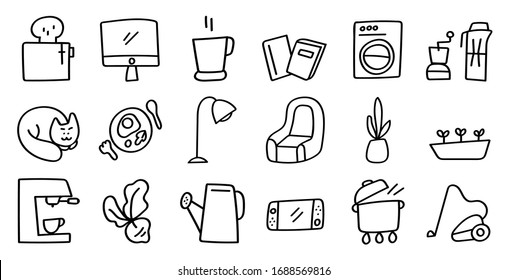 stay home icon design collection, coffee, sofa, games, cooking, cleaning, pets, books, vector illustration
