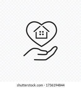 Stay home icon isolated on transparent background. Vector hand holding house with heart symbol. Care and safe home, quarantine sign