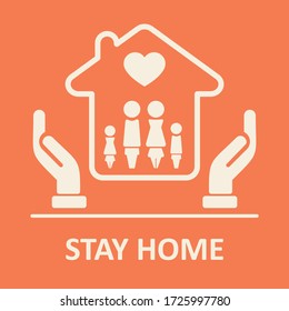 Stay at home icon logo with family inside house protecting by hand from virus. COVID 19 stay at home suitable for campaign logo. vector illustration