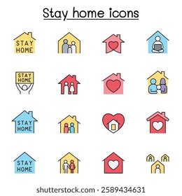 Stay home icon set color line style