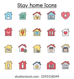 Stay home icon set in color line style